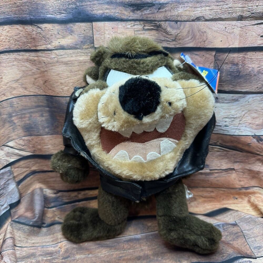 Vintage Warner Bros Looney Tunes TAZ Tasmanian Devil Plush w/ Leather Jacket Ace
